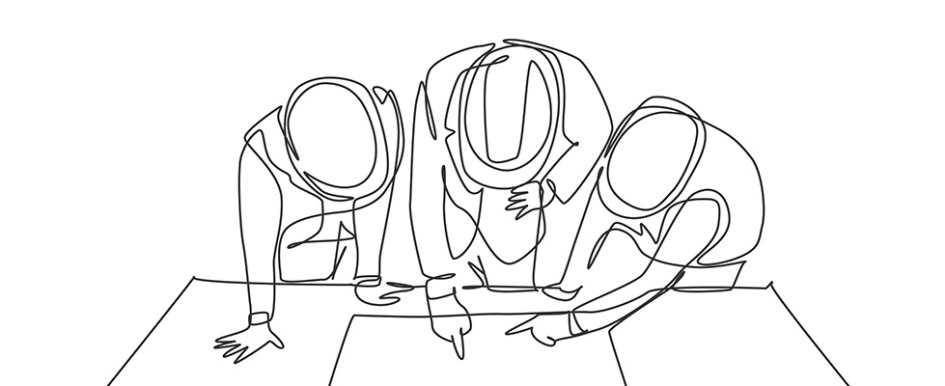 Line drawing of three construction workers collaborating