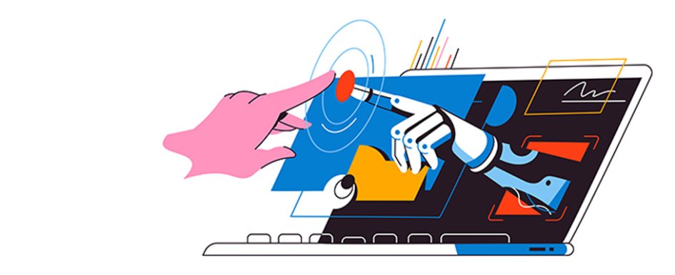illustration of hand coming out of computer to touch human hand to illustrate AI solutions