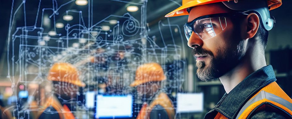 Workers in hard hats, vests and protective eyewear in front of tech illustration 