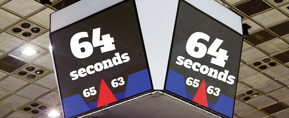 Scoreboard showing 65-63 basketball score with 64 seconds on the clock