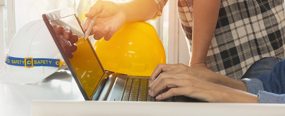 laptop, hands, hardhats