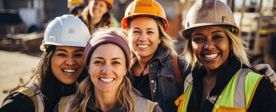 Group of women in hard hats and vests smiling