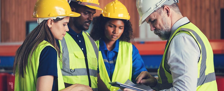 A group of workers in vests and hard hats. One worker hold clipboard, the others are looking at it