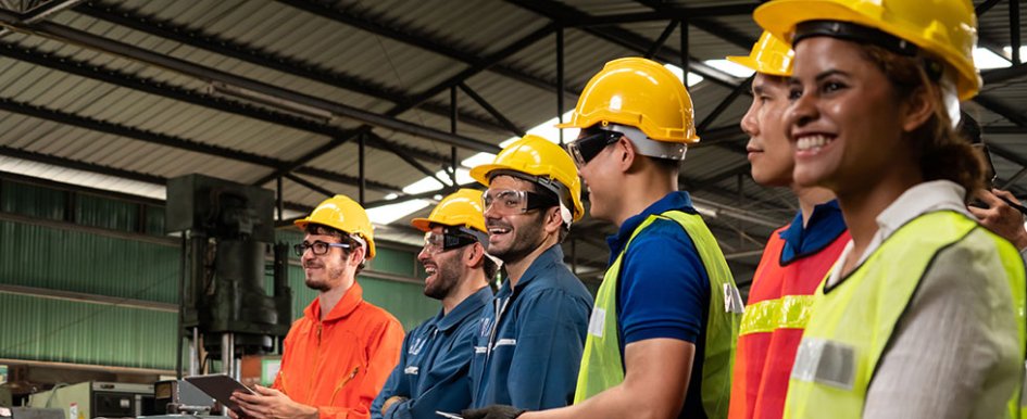 Construction workers in hard hats and goggles smiling / Adobe Stock