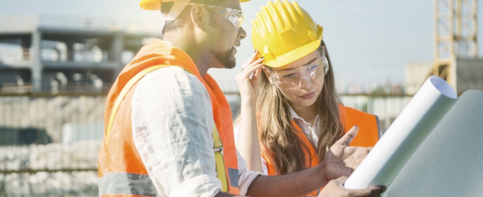A male construction worker and a female construction worker look at blueprints