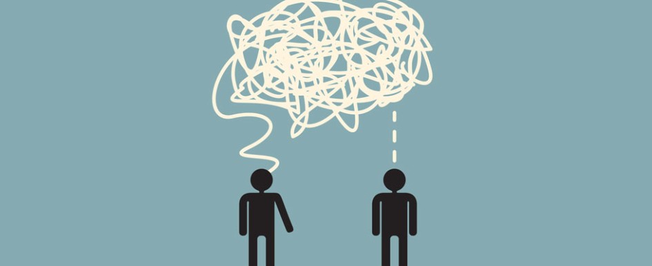 A graphic shows two people sharing one thought cloud