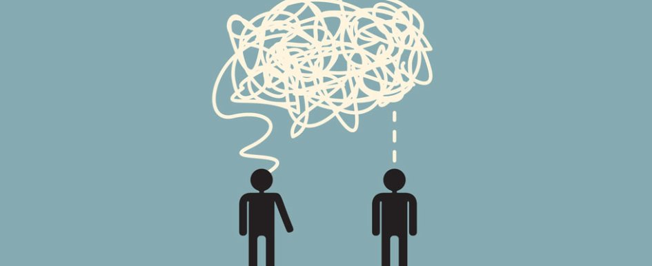 A graphic shows two people sharing one thought cloud