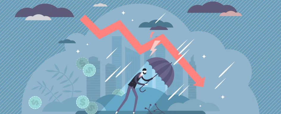 Illustration of man holding umbrella against storm of coins 