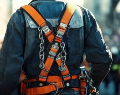 back of construction worker with fall protection gear