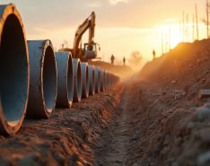 Concrete pipes lined along trench during installation