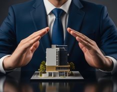 business man shielding a construction model with his hands