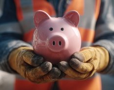 construction worker holding a piggy bank