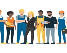 Illustration of construction workers and executives