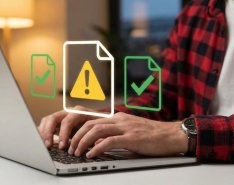 Man reviewing documents with warning icon and checkmarks 