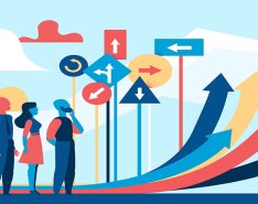Illustration of people looking at different signs and arrows in different directions/Adobe Stock