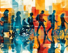 Illustration of diverse people walking in city