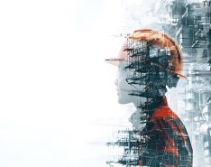 Construction worker silhouette with industrial structures