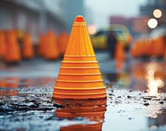 Orange cone in puddle 