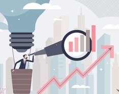 Illustration of man in hot air balloon using magnifying glass at bar graph and upward trending arrow