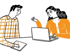 Illustration of two people talking and taking notes