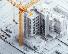Model crane on building jobsite set on a blueprint/Adobe Stock