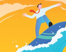 A man wearing dress pants, a dress shirt and tie is surfing a large wave on a surfboard