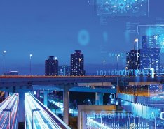 Tech symbols over interstate to illustrate telematics in fleet safety