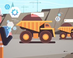 An illustration shows an individual on a worksite, holding a tablet, and three dump trucks in front of them