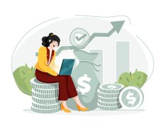 Illustration of woman beside large stacks of money