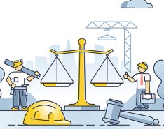 illustration of scales of justice on construction site to illustrate construction law