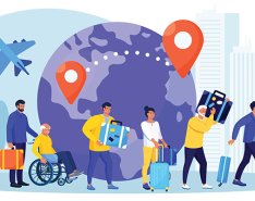 People in line holding luggage with globe and airplane in the background to illustrate migration trends 