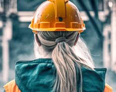 View from behind: a woman with blonde ponytail, orange hard hat, and orange and turquoise vest with machines in background