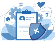A graphic design of a clipboard with a page that says "insurance policy," and includes leaves, a shield with a cross on it, gears and scientific symbols. The image is varying shades of blue. 