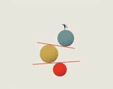 illustration of man balancing on ball balanced on beam 