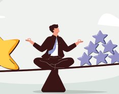 Illustration of man on seesaw with big gold star on one end (weighing it down) and small purple stars on the other end