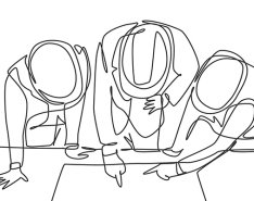 Line drawing of three construction workers collaborating 
