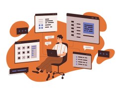 Illustration of person sitting in front of four computer monitors 