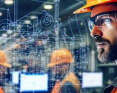 Workers in hard hats, vests and protective eyewear in front of tech illustration 