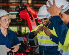 Three workers in hard hats and PPE in conversation