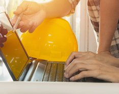 laptop, hands, hardhats