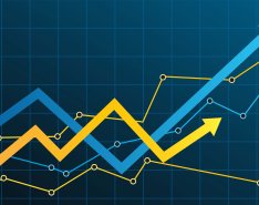 A graph with no numbers, but two arrows indicating an upward trend