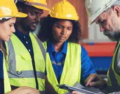 A group of workers in vests and hard hats. One worker hold clipboard, the others are looking at it