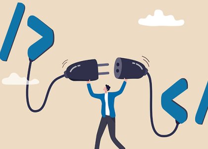 Illustration of plug nearing socket to illustrate connected systems
