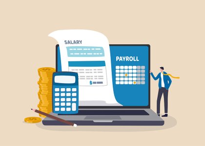 illustration of person in front of computer screen with salary and payroll pulled up