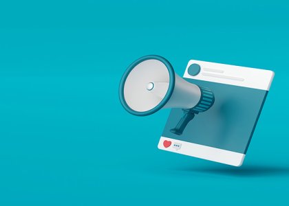megaphone emerging from social media template 