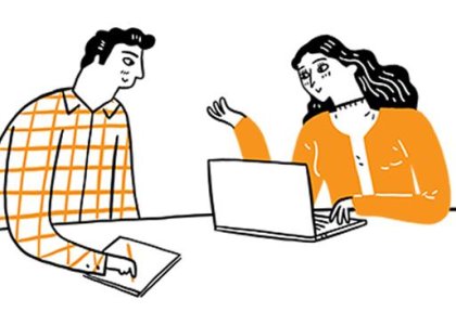 Illustration of two people talking and taking notes