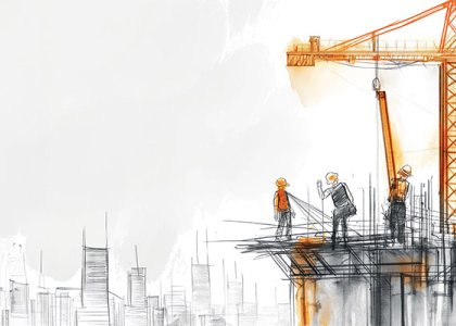 Drawing of construction workers on top of a building 