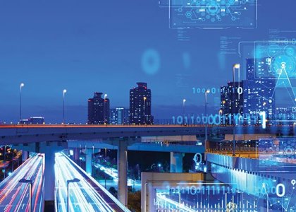 Tech symbols over interstate to illustrate telematics in fleet safety