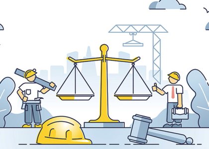 illustration of scales of justice on construction site to illustrate construction law