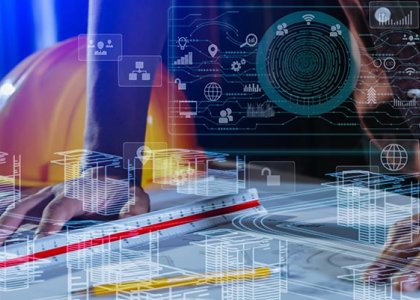 Image of hands on a desk with hard hat and ruler; illustration of tech symbols rising above it 